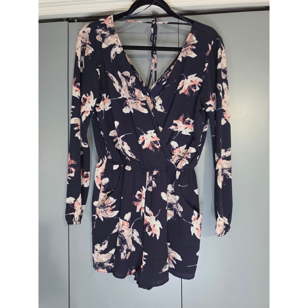 Excellent One Clothing Romper Size Medium Navy Blue Floral Long Sleeve Surplice
